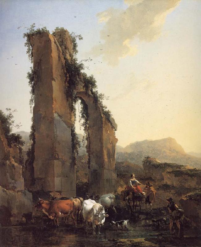 BERCHEM, Nicolaes Peasants with Four Oxen and a Goat at a Ford by a Ruined Aqueduct